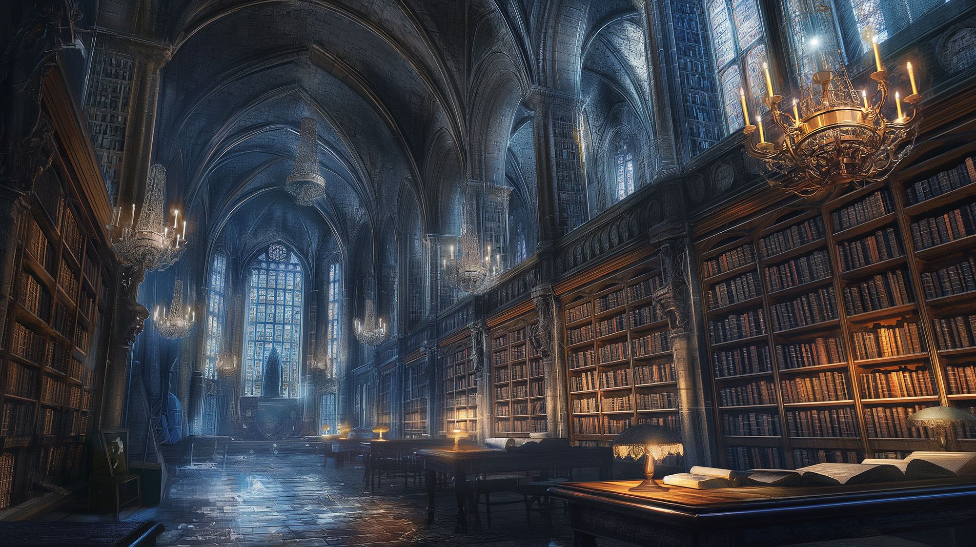 Beautiful image inspired by the castle Hogwarths Library - AI art