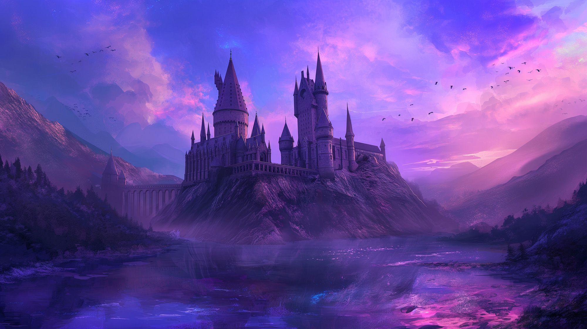 Beautiful image inspired by the castle Hogwarths in purple tones