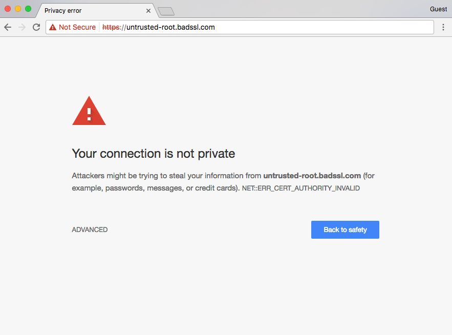 Warning for invalid TLS certificate in chrome